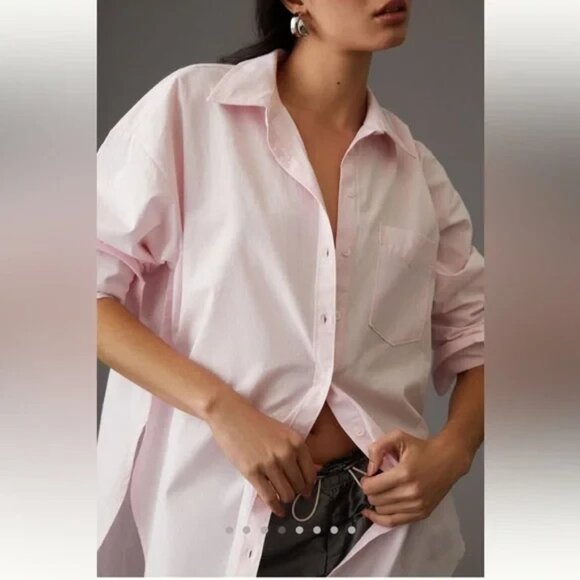 Anthropologie Maeve The Bennet Button down Shirt Cotton Light Pink L - Picture 2 of 4